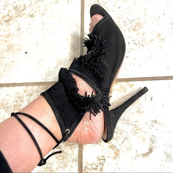 AQUAZZURA Sexy Fringe Suede Tie-Back Sandal Black womens size 5.5 - Picture 7 of 11